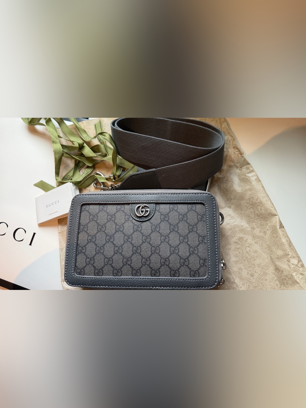 Authentic Gucci Gray Monogram Messenger Bag with Strap
